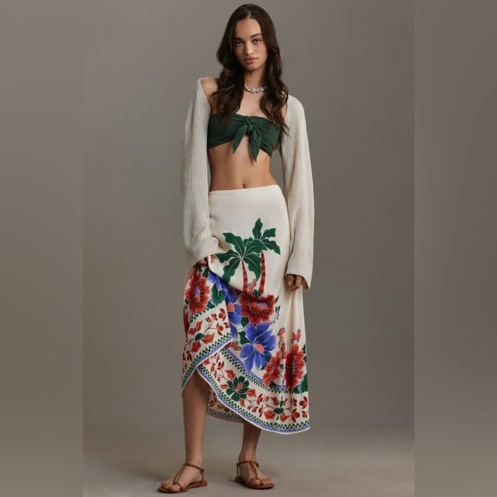 FARM Rio Satin Slip Floral Midi Skirt NWT